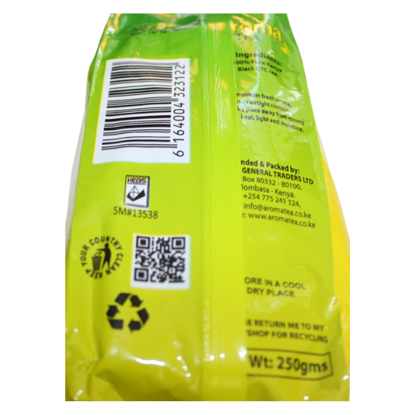 Side and back view of Aroma Tea 250g pack showing barcode and 250g weight label
