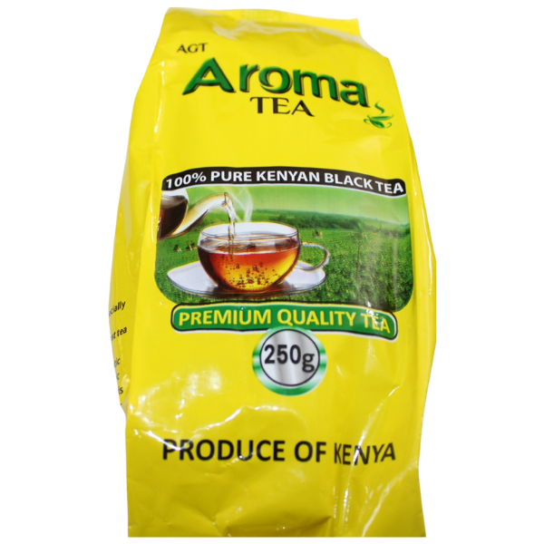 Front of Aroma Tea 250g yellow pack at slight angle with Produce of Kenya text visible at bottom