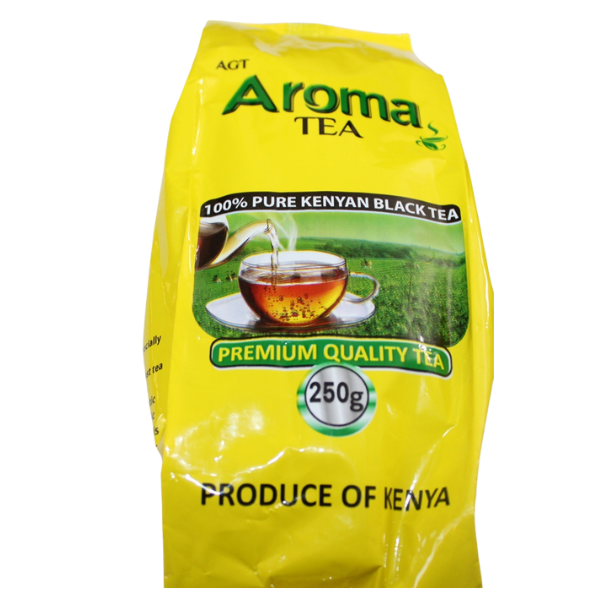 Right angled front view of yellow Aroma Tea 250g pack showing 100% Pure Kenyan Black Tea and Premium Quality Tea label