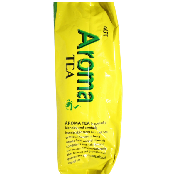 Right side view of yellow Aroma Tea 250g pack showing Aroma Tea brand name