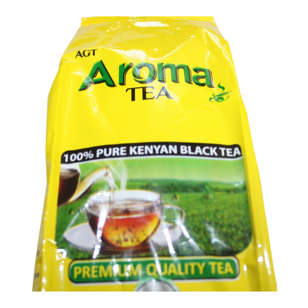 Straight front center view of Aroma Tea 250g yellow pack showing full label and Premium Quality Tea seal