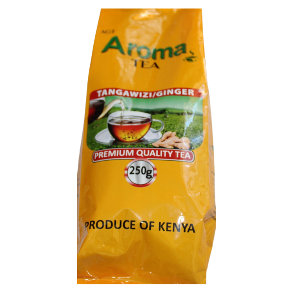 Full front view of Aroma Tea Tangawizi/Ginger bag showing "Premium Quality Tea" and "Produce of Kenya" badges