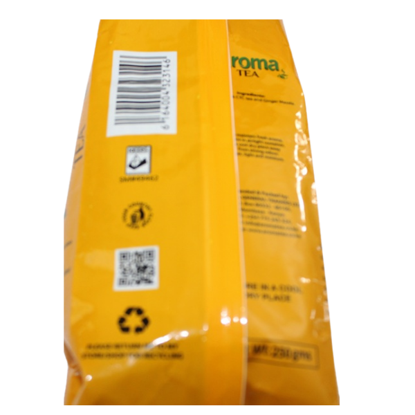 Back of Aroma Tea bag showing barcode, QR code, and recycling symbol