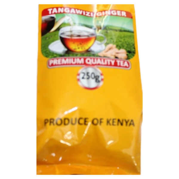 Front label showing "Tangawizi / Ginger", "Premium Quality Tea", "250g", "Produce of Kenya" 