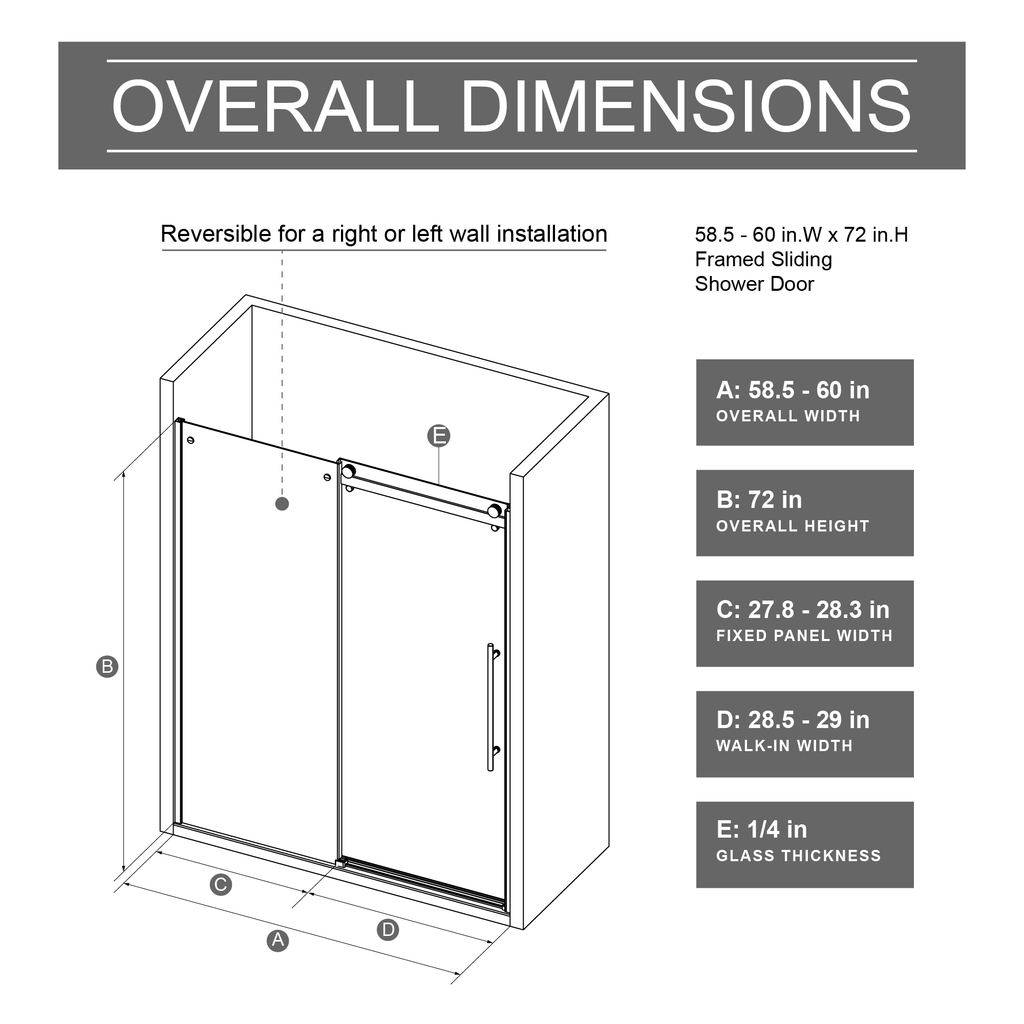 60" W x 72" H Frameless Shower Door