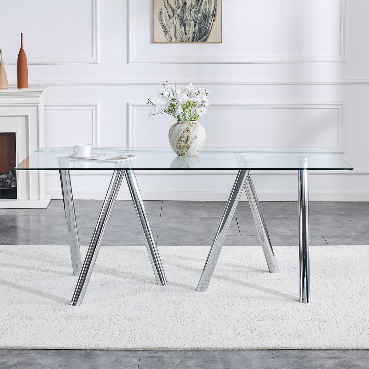 71-Inch Tempered Glass Dining Table with Sturdy Metal Legs