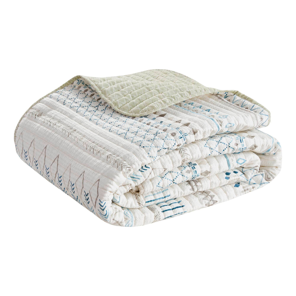 3 Piece Printed Microfiber Seersucker Quilt Set Taupe/Blue Full/Queen