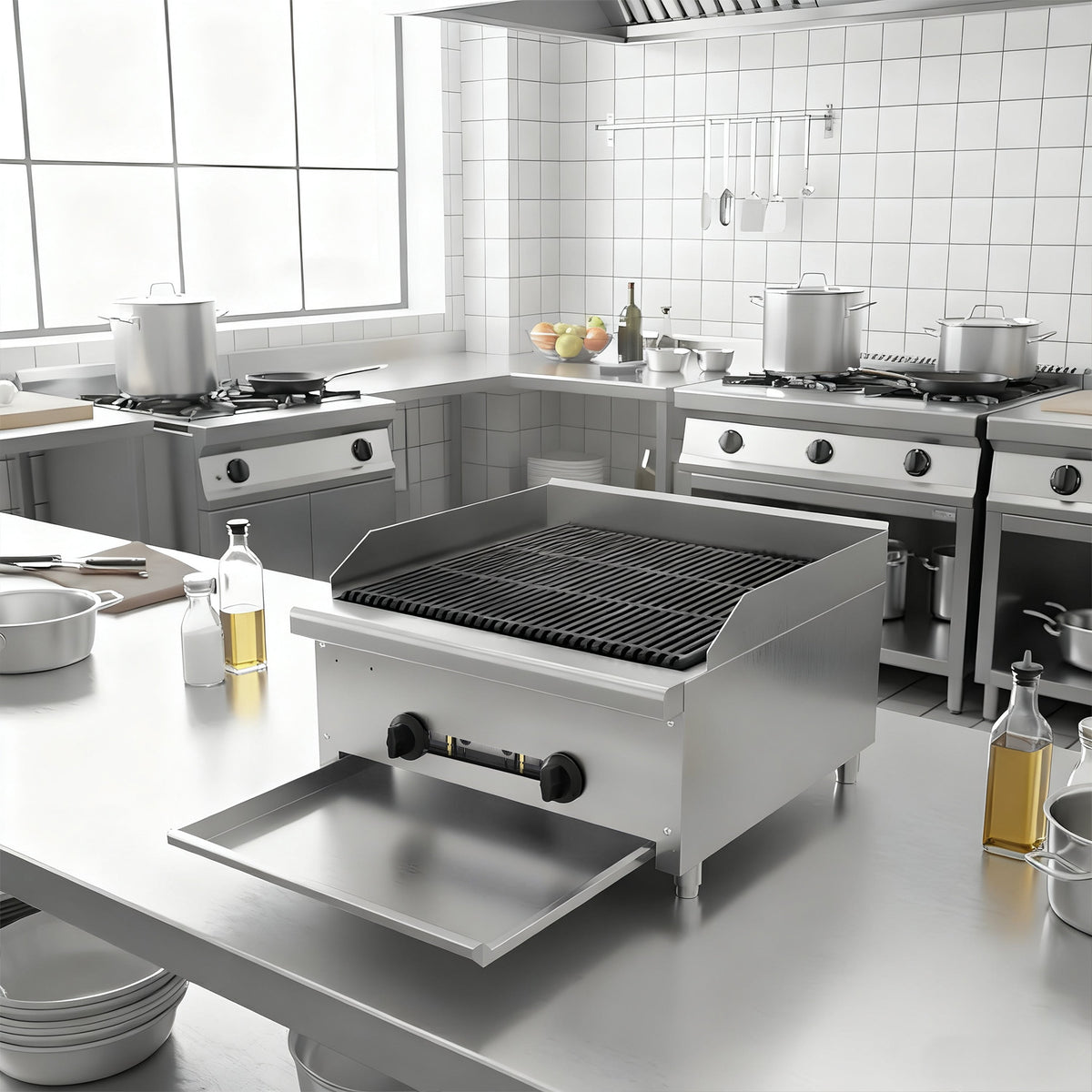 24 Inch Commercial Gas Lava Rock Charbroiler with 2 Burners - Stainless Steel