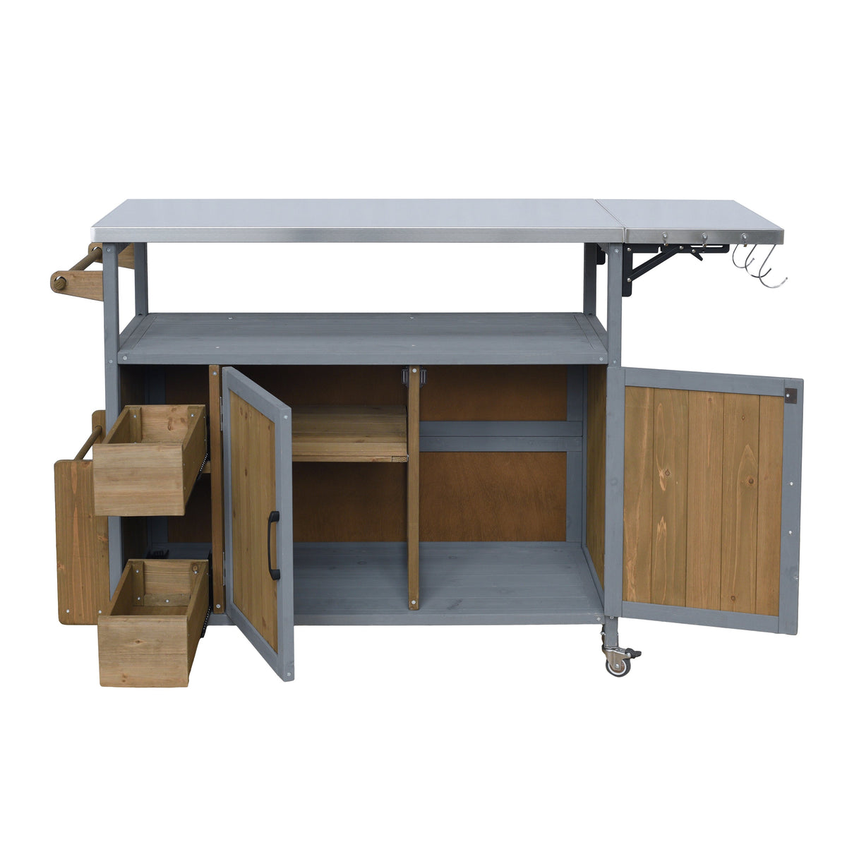Farmhouse Rolling Outdoor Kitchen Cart with Stainless Steel Top - Blue Gray & Walnut