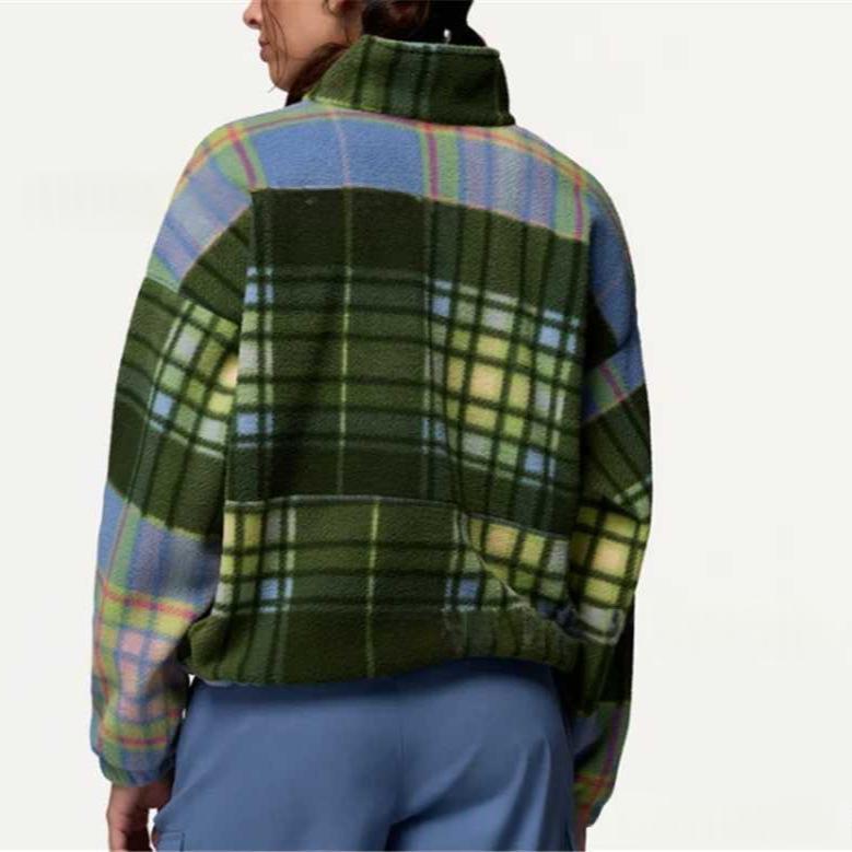 Women's Loose-Fit Plaid Long-Sleeve Stand-Neck Sweatshirt