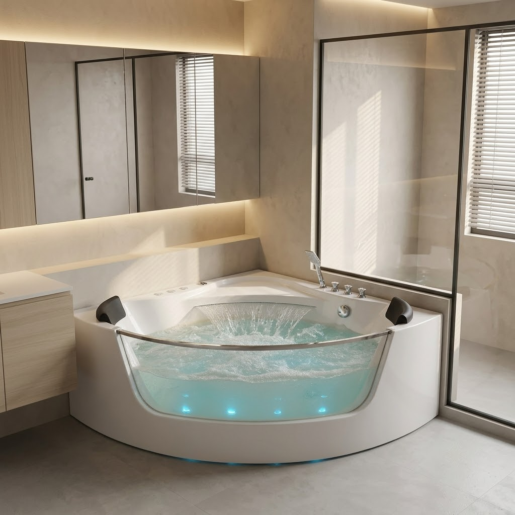 59" Corner Whirlpool Bathtub with Hydro Massage Jets - White Acrylic