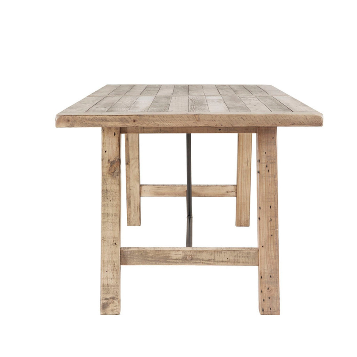 Rustic Dining Table with Metal Support in Natural Pine Wood Finish