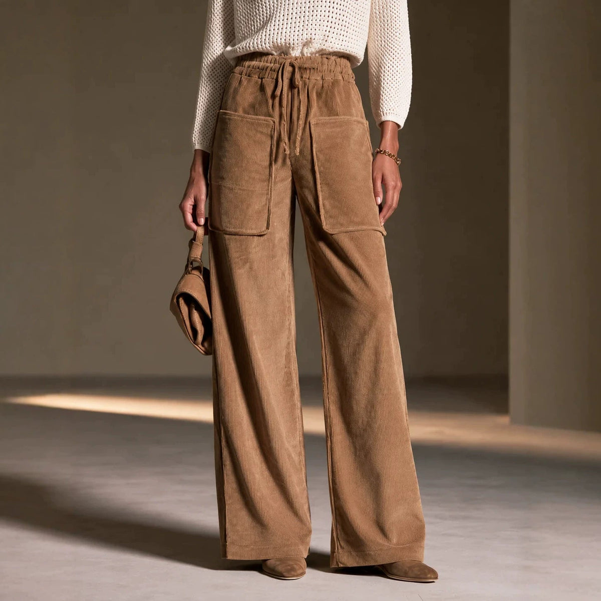 Women's High-waisted Drawstring Corduroy Wide-leg Pants