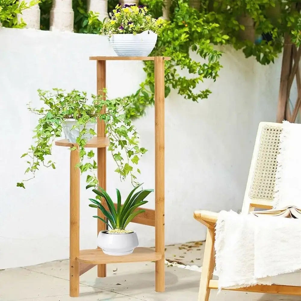 Dark wood bamboo corner plant stand living room 3 tier shelf