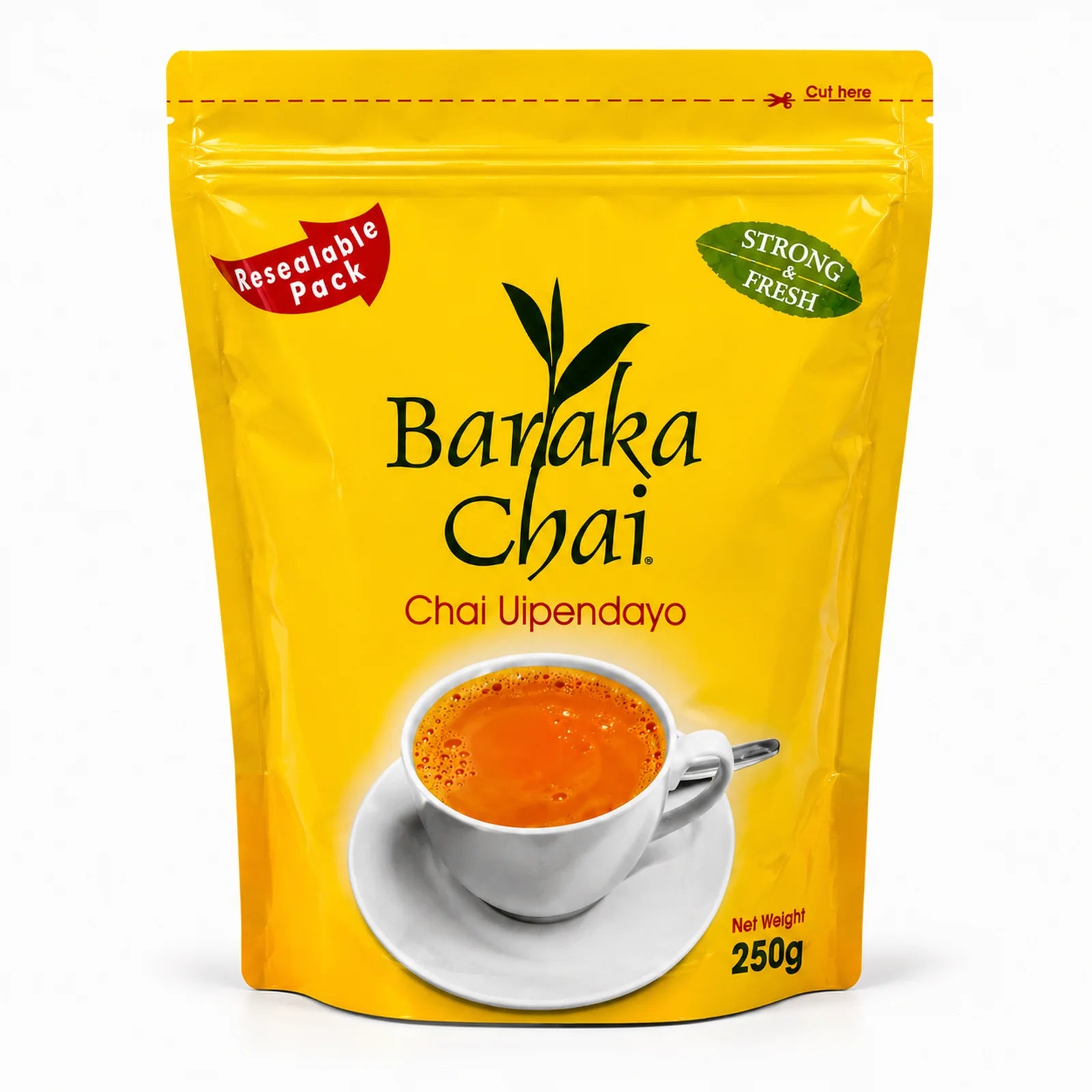 Baraka Chai Chai Uipendayo 250g resealable tea pack with Net Weight 250g, yellow Baraka Chai packaging featuring Chai Uipendayo branding, Resealable Pack badge, Strong & Fresh badge, top cut-here guide and illustrated cup of brewed tea, World Safari Shops