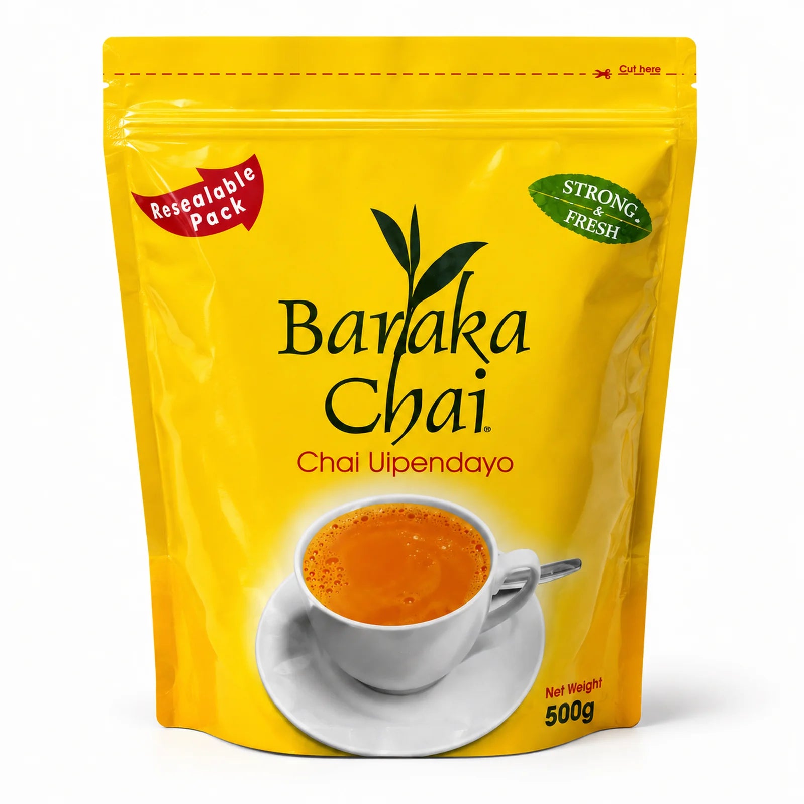 Baraka Chai Chai Uipendayo 500g resealable tea pack with Net Weight 500g, yellow Baraka Chai packaging featuring Chai Uipendayo branding, Resealable Pack badge, Strong & Fresh badge and illustrated cup of brewed Kenyan tea, World Safari Shops