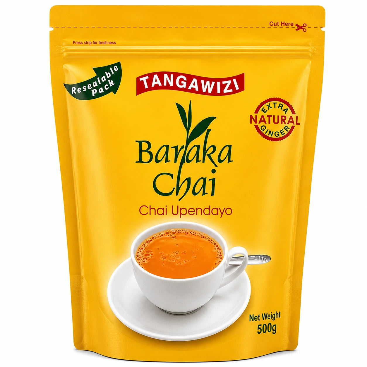 Baraka Chai Tangawizi Ginger Tea 500g, Kenyan ginger chai and loose leaf black tea in a resealable pack with Tangawizi, extra natural ginger, Chai Upendayo and 500g packaging details, shown on a clean white background for World Safari Shops