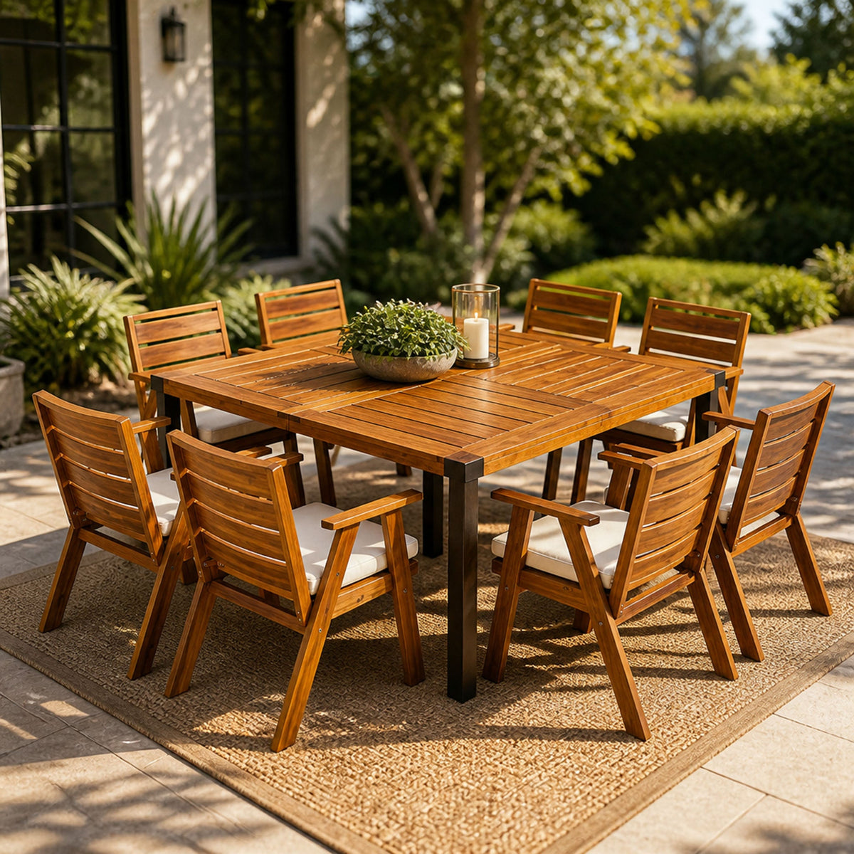 9‑Piece Acacia Wood Outdoor Dining Set, 64" Square Teak Finish Wooden Table & 8 Arm Chairs with