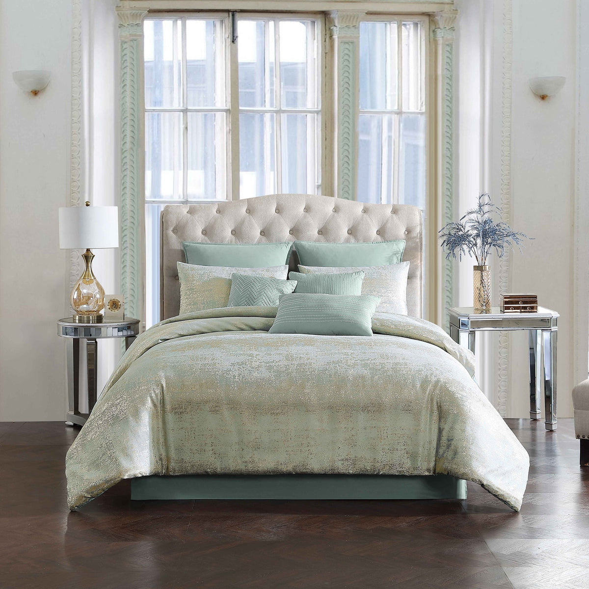 Vesta Gold Satin Circle-Quilted 7-Piece Comforter Set