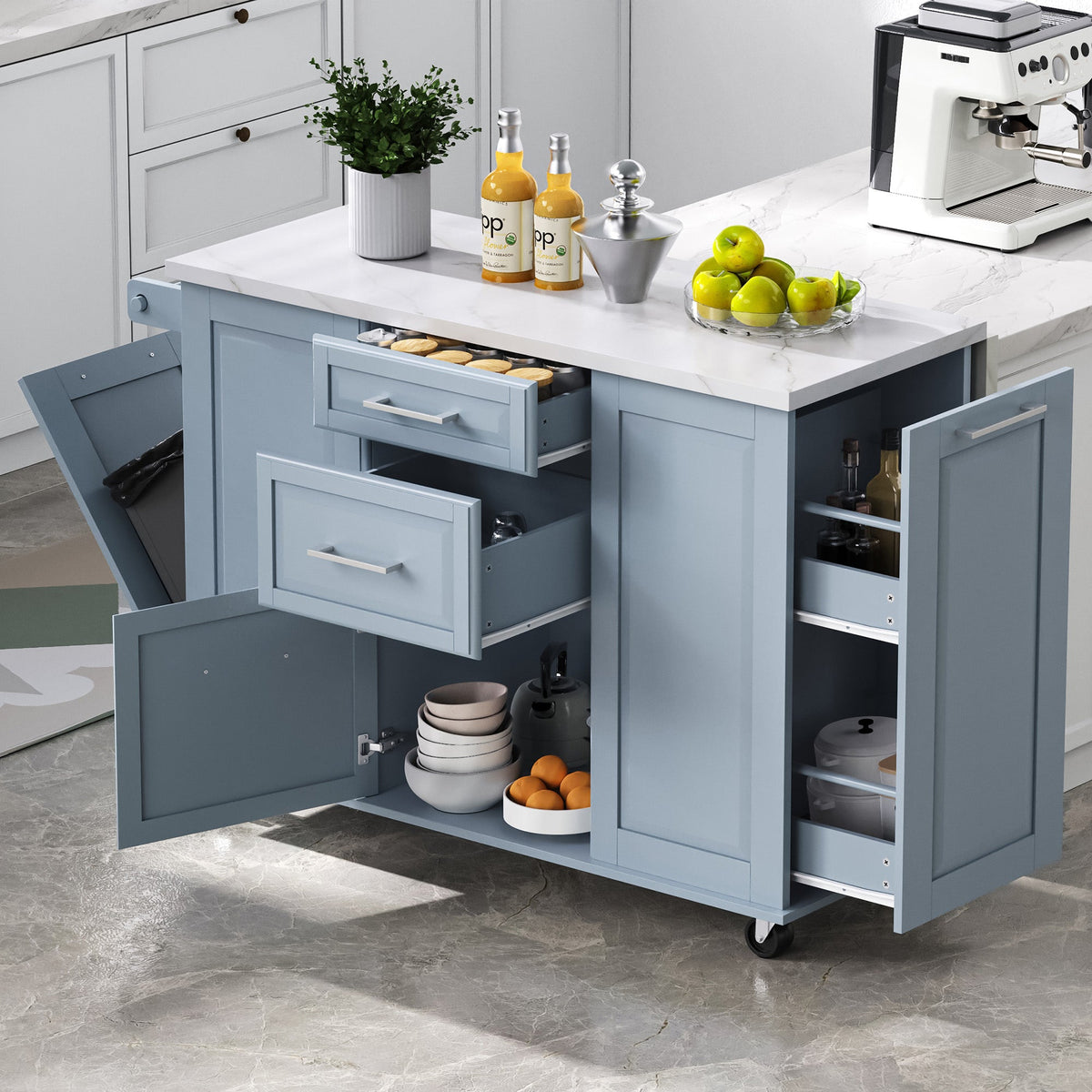 K&K Kitchen Island with Tilt Trash Can Cabinet - Grey+Blue or White