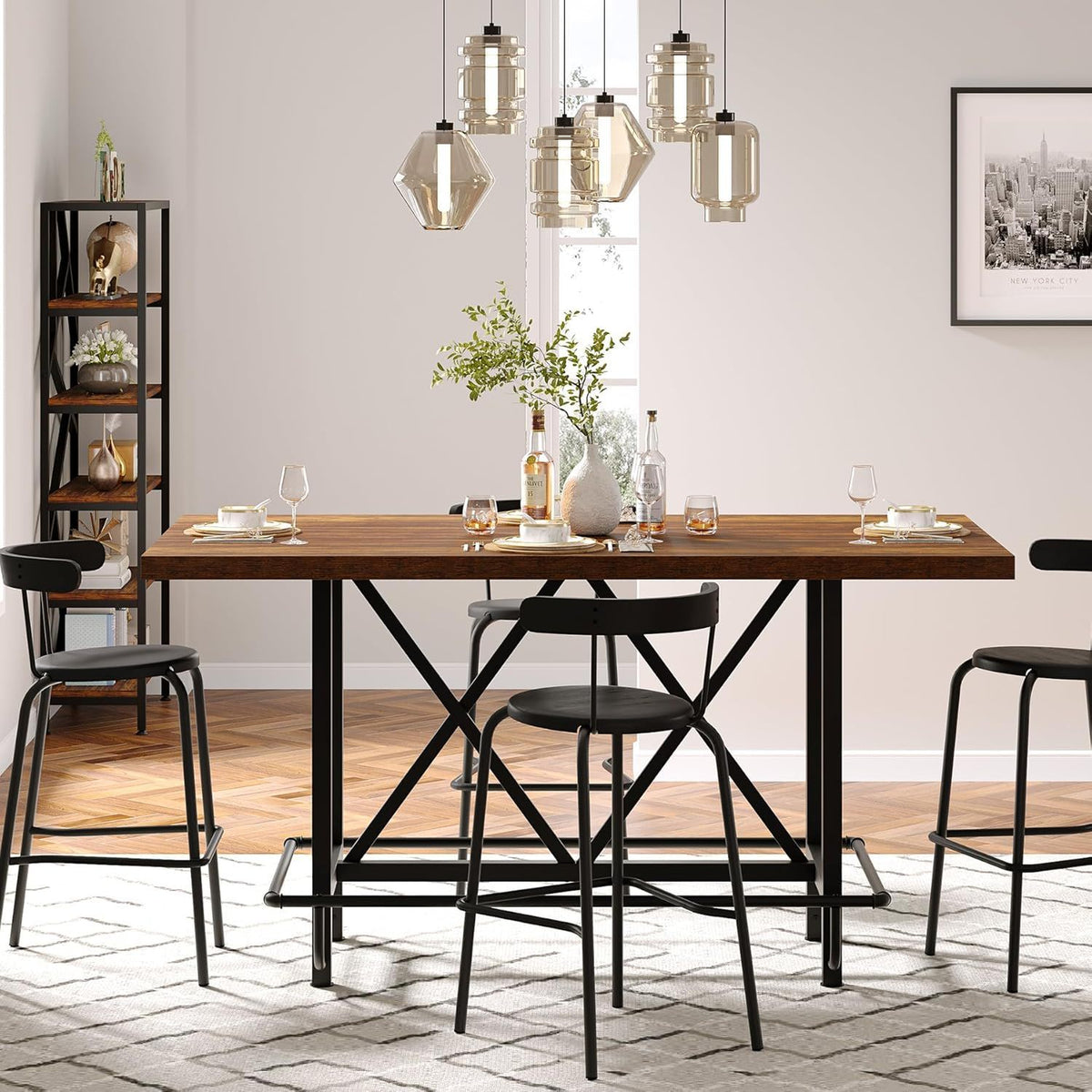 Counter Height Dining Rectangular Kitchen Table for 6 with Steel Frame - Brown / Black