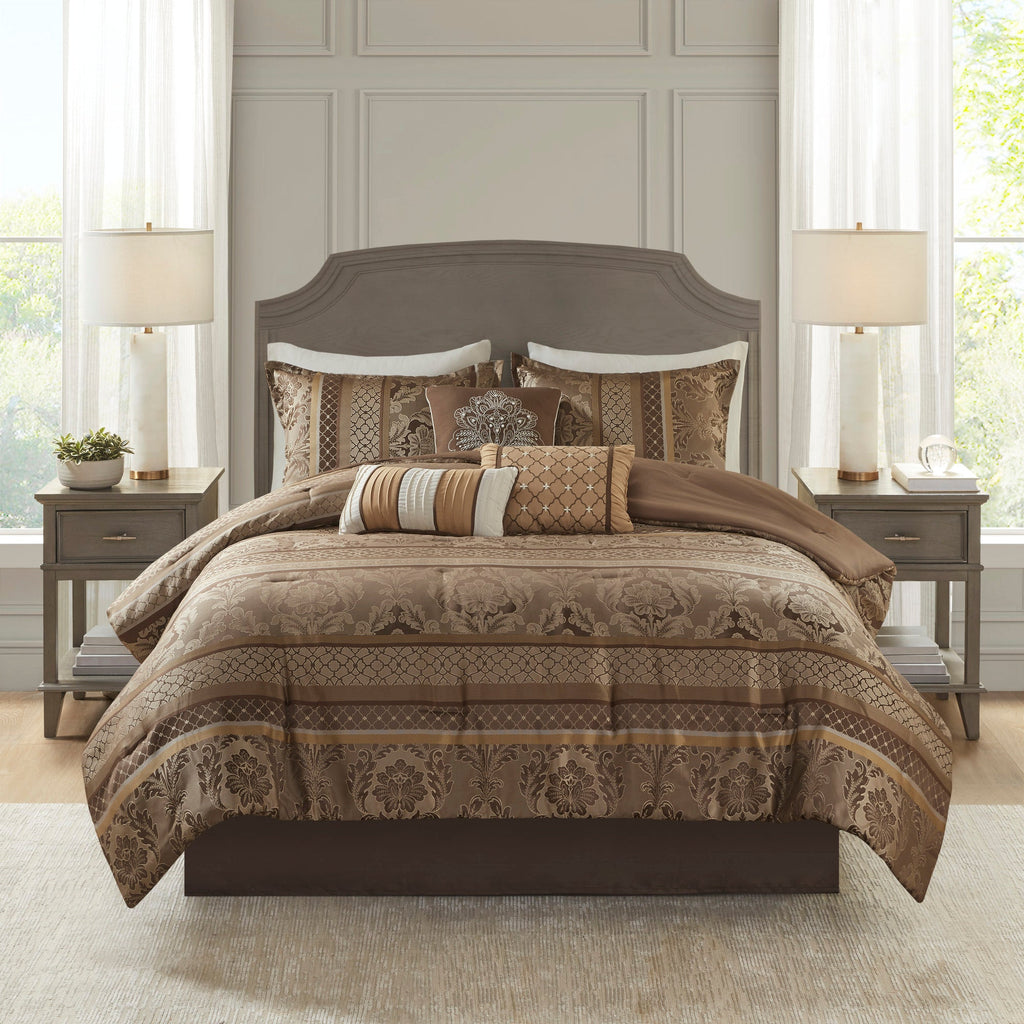 7 Piece Jacquard Comforter Set with Decorative Pillows - Brown & Gold California King