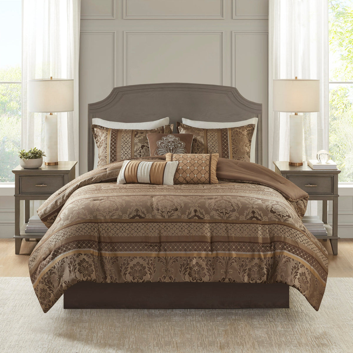 7 Piece Jacquard Comforter Set with Decorative Pillows - Brown & Gold California King