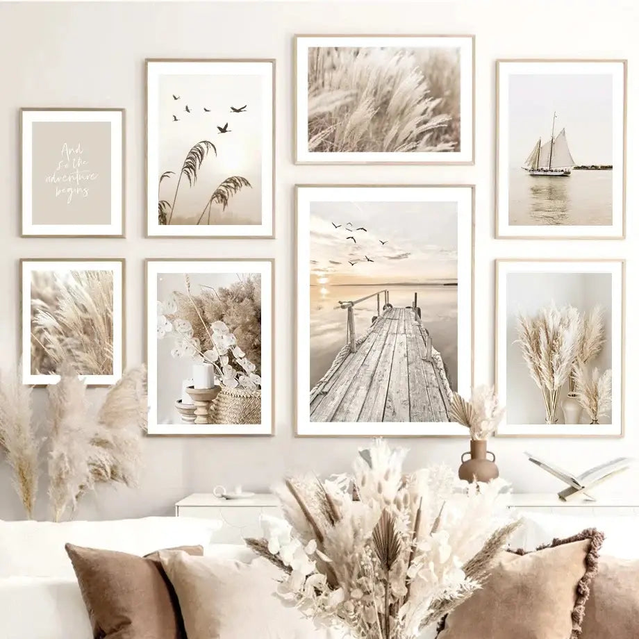 Beige flower grass scenery canvas wall art for living room