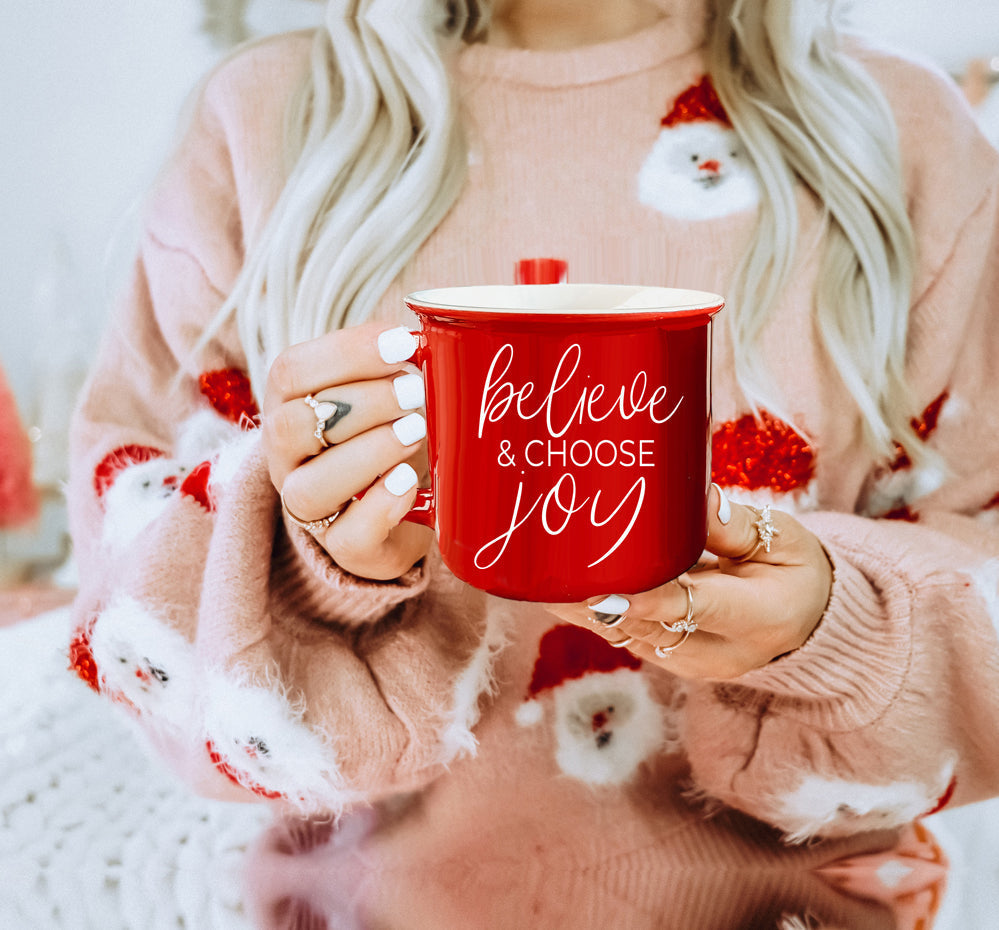 Believe And Joy Ceramic Campfire Mug 14.5oz Red Green Double-Sided White Text