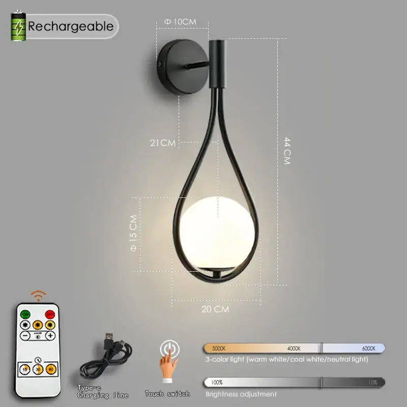 Modern black battery wall sconces with remote control for bedroom