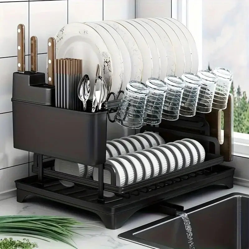 DecorBites™ 2 Tier Dish Drying Rack with Storage Holder & Drainer for Kitchen Organizing