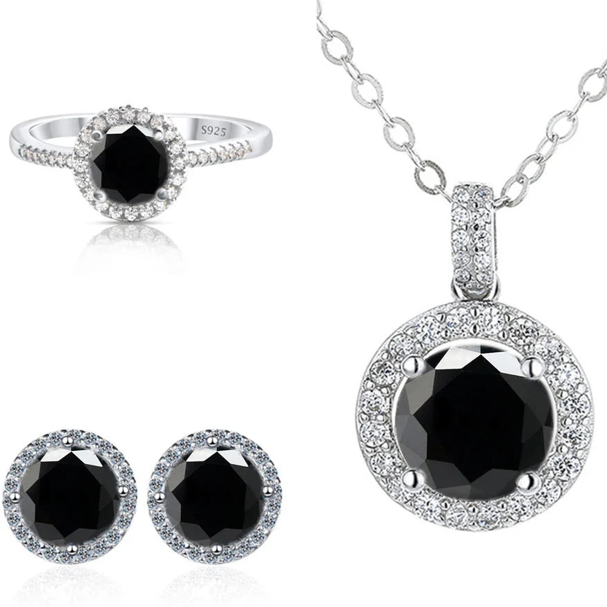 Round Halo Moissanite Necklace, Stud Earrings & Ring Set