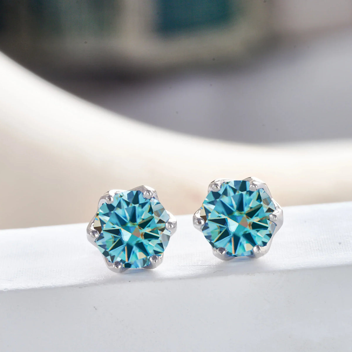 Colored Crown-Basket Moissanite Stud Earrings in Sterling Silver