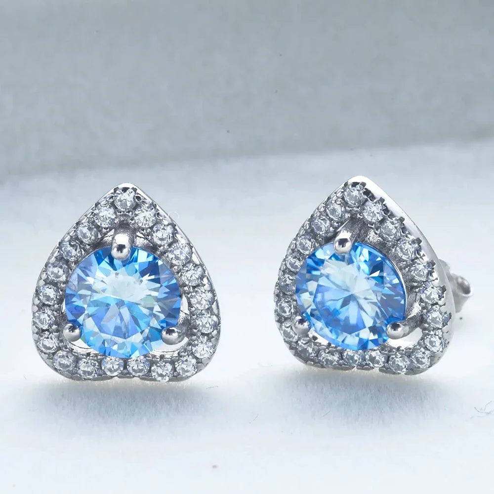 Moissanite Heart Halo Stud Earrings in Sterling Silver
