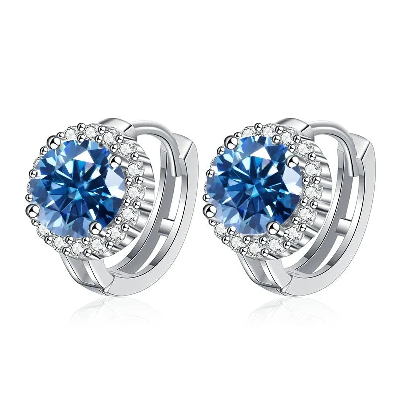 Colored Round Halo Moissanite Hoop Earrings in Silver