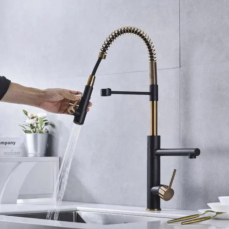 DecorBites™ Brushed Gold Kitchen Faucet with Pull Down Black Spring Spout - Hot Cold Mixer