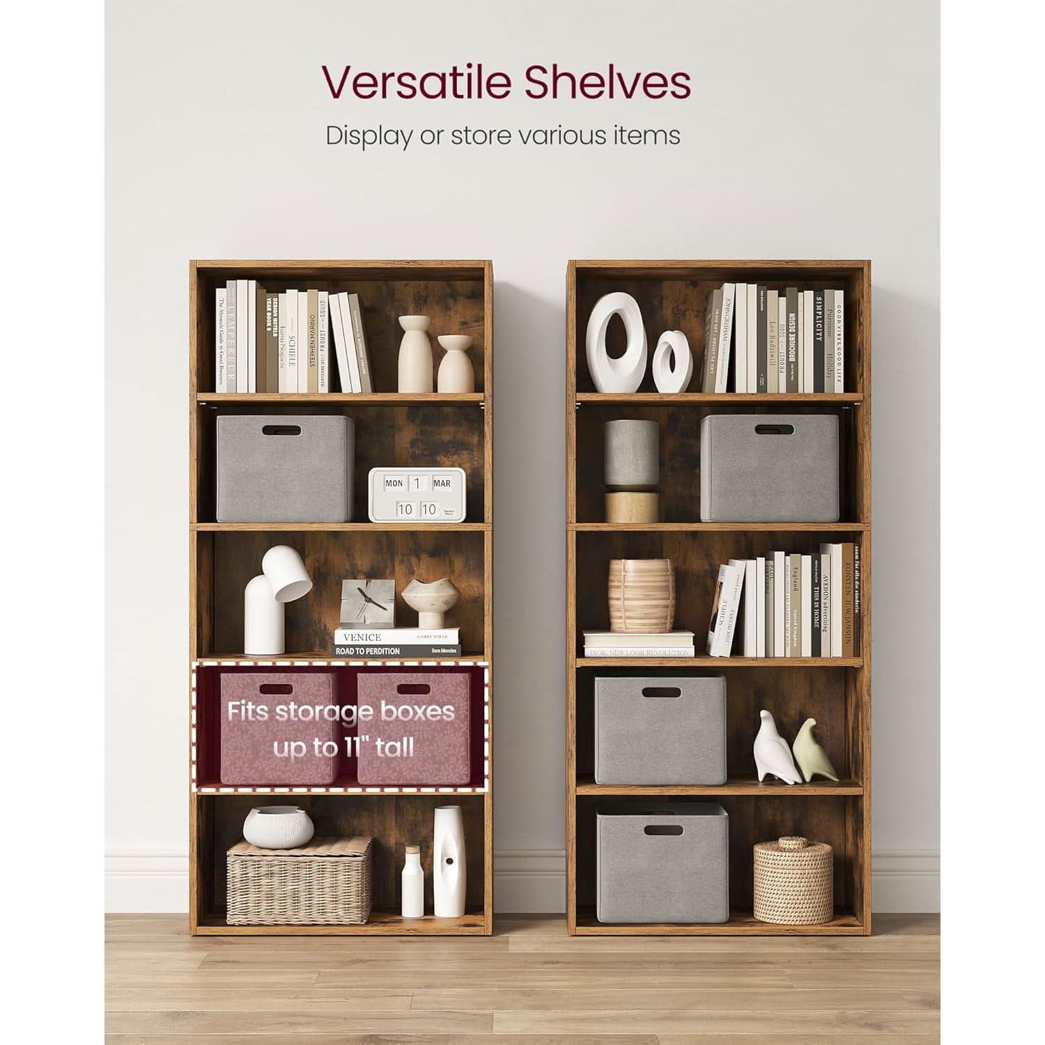 Rustic Brown Bookshelf Five Tier Adjustable Shelves