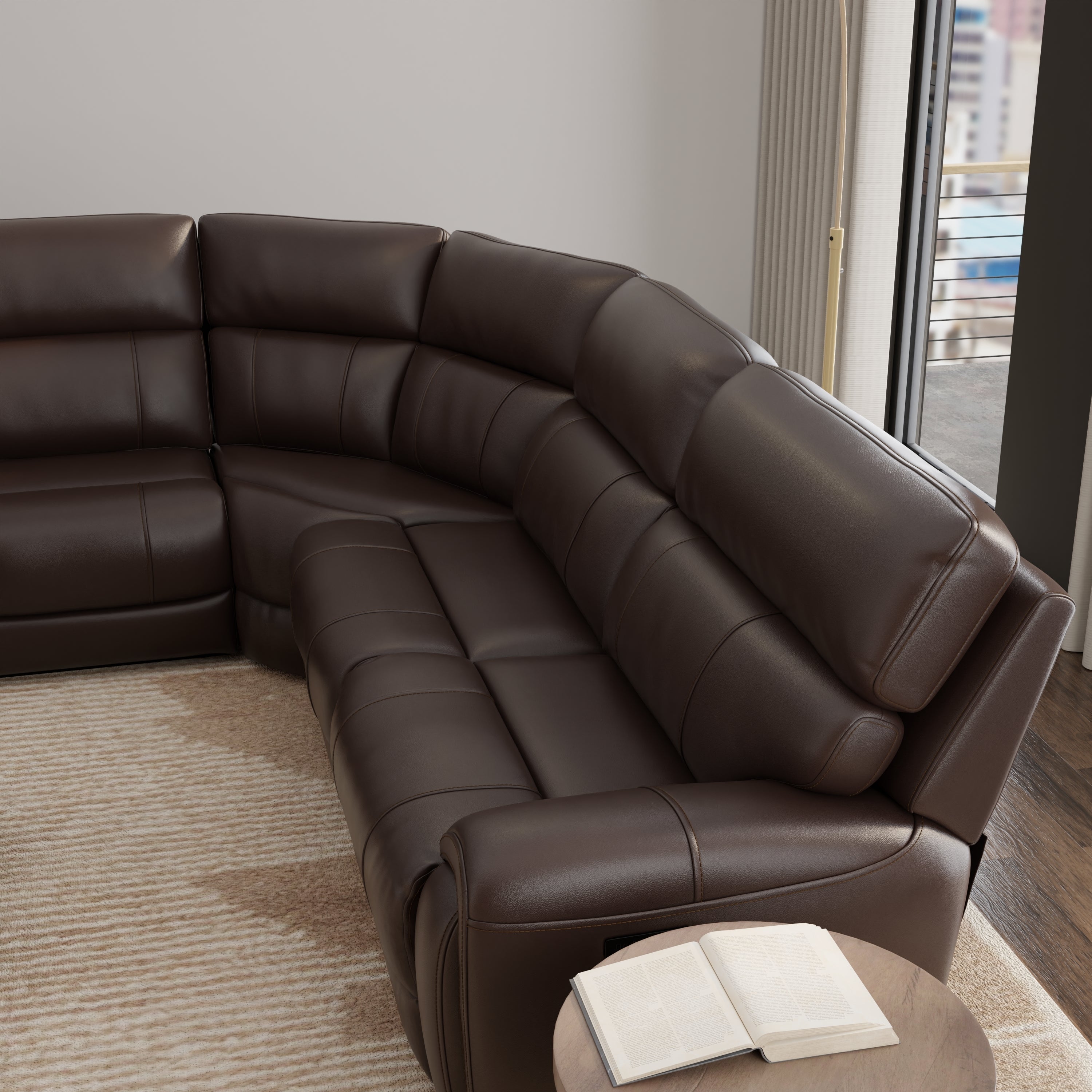 6-Piece Leather Power Sectional in Brazil Tobacco