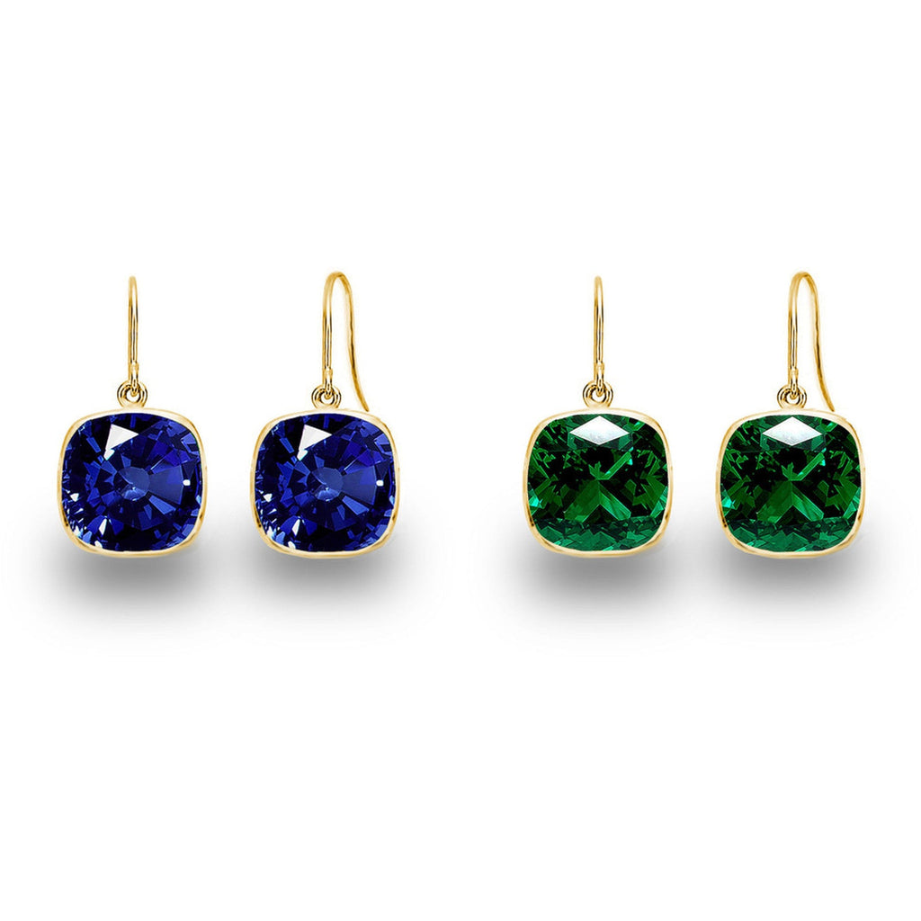 5.00 CTW Lab Grown Sapphire and Emerald Cushion Cut Drop Earrings Set - 14K Gold (2 Pairs)