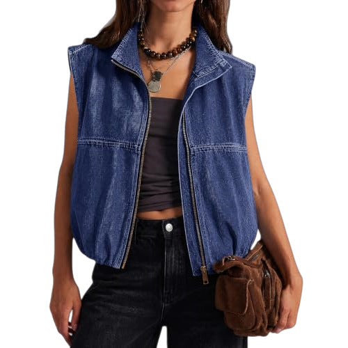 New Womens Zip-up Lapel Sleeveless Denim Vest
