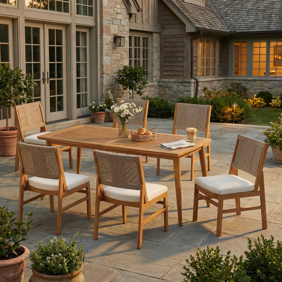 7-Piece Outdoor Dining Set with Expandable Acacia Wood Table and Rope Chairs - Gray, Teak