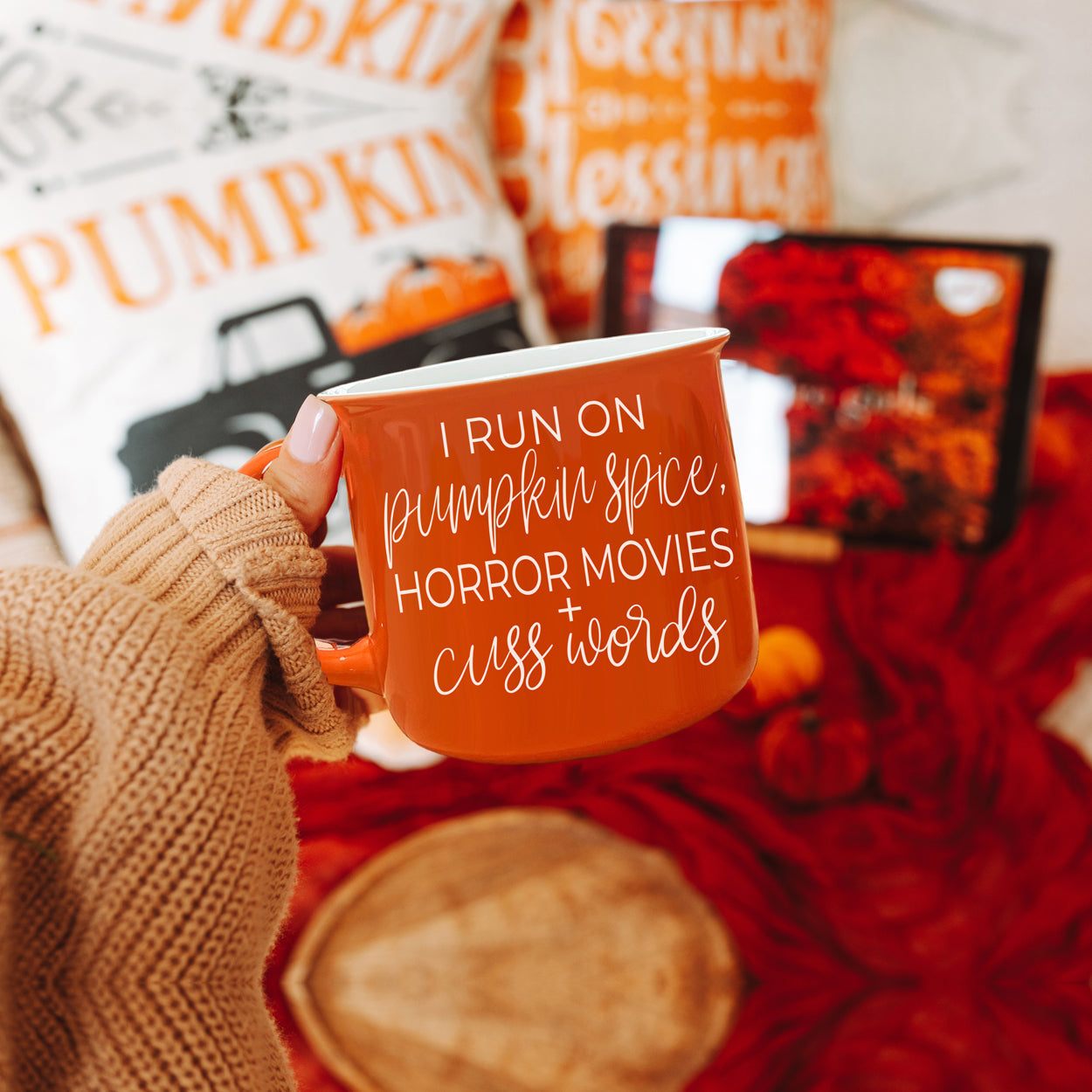 Pumpkin Horror Mug 14.5oz Orange Ceramic Campfire Dual-Sided White Text
