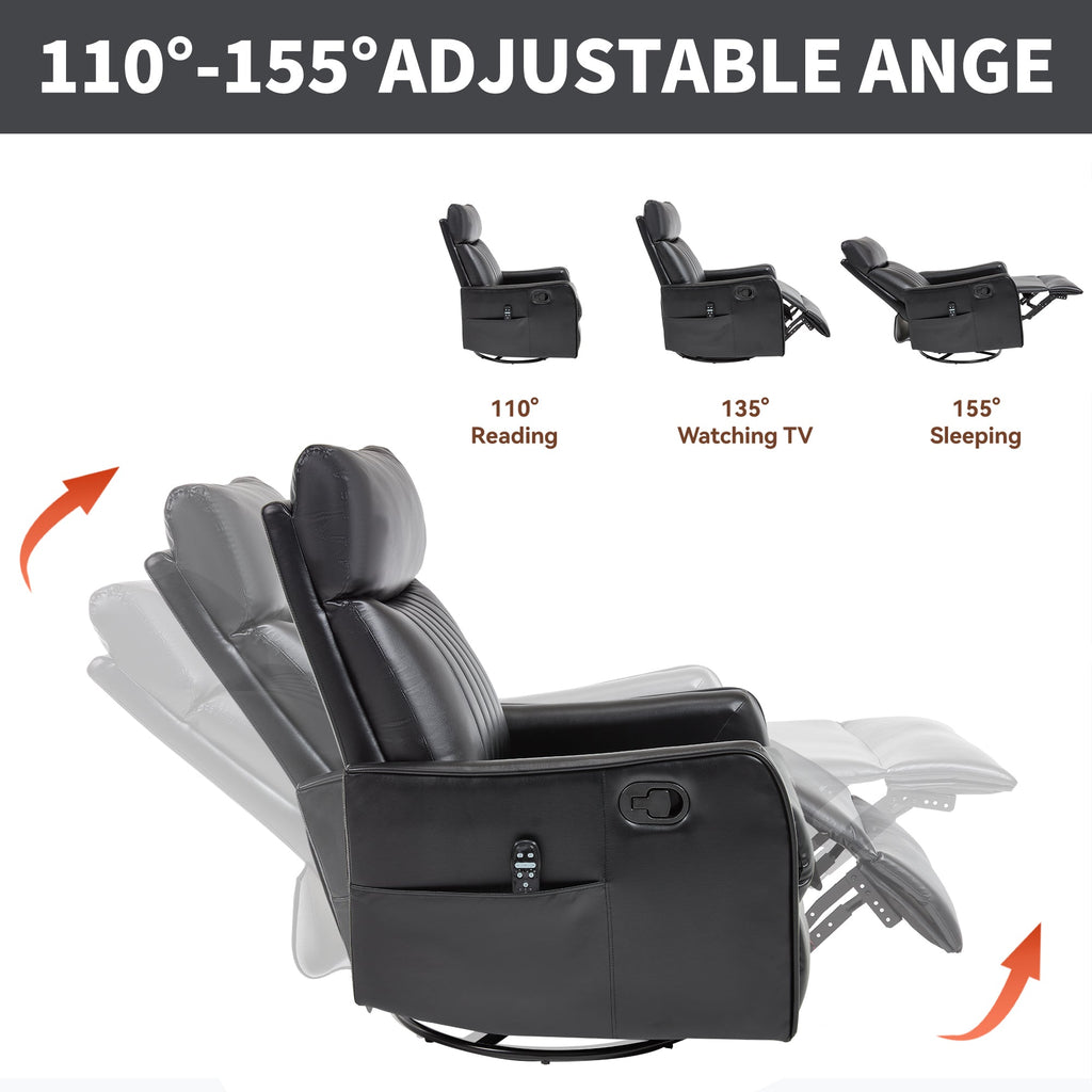 Black Faux Leather Recliner Chair with Heat & Massage - Manual Recliner