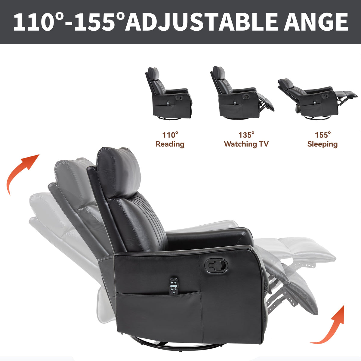Black Faux Leather Recliner Chair with Heat & Massage - Manual Recliner