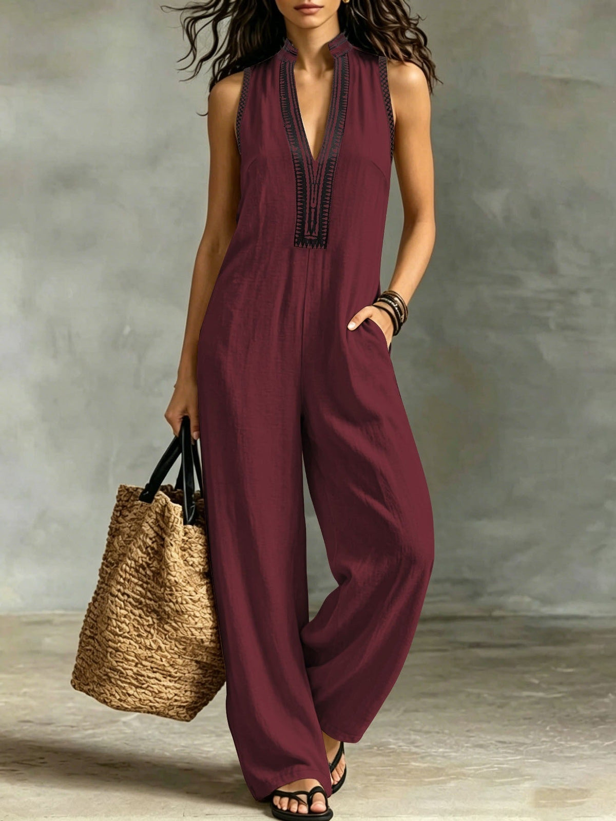 European And American Cross-border Ethnic Style Sleeveless Jumpsuit With Chest Embroidery, Stand-up Collar, Loose Wide-leg Design, And Pockets, Suitable For Vacation