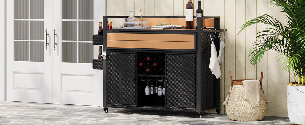 Wicker Outdoor Grill Cart with Extended Table Top and Storage Cabinet - Black Brown or Grey