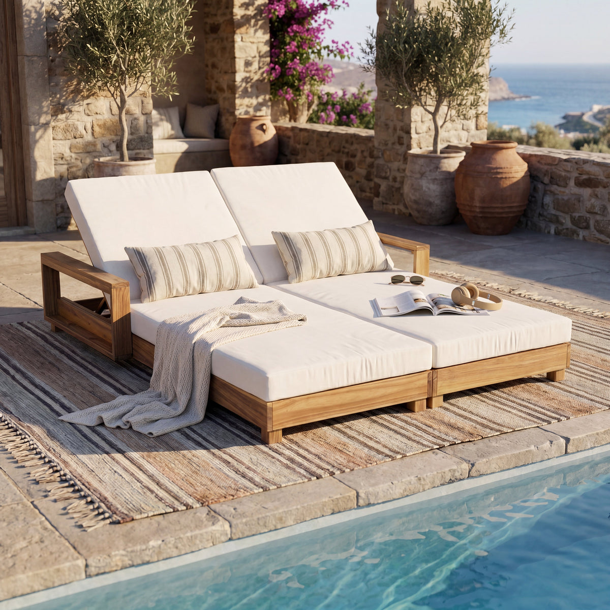 Double Acacia Wood Chaise Lounge Set with Four Reclining Positions - Natural Wood