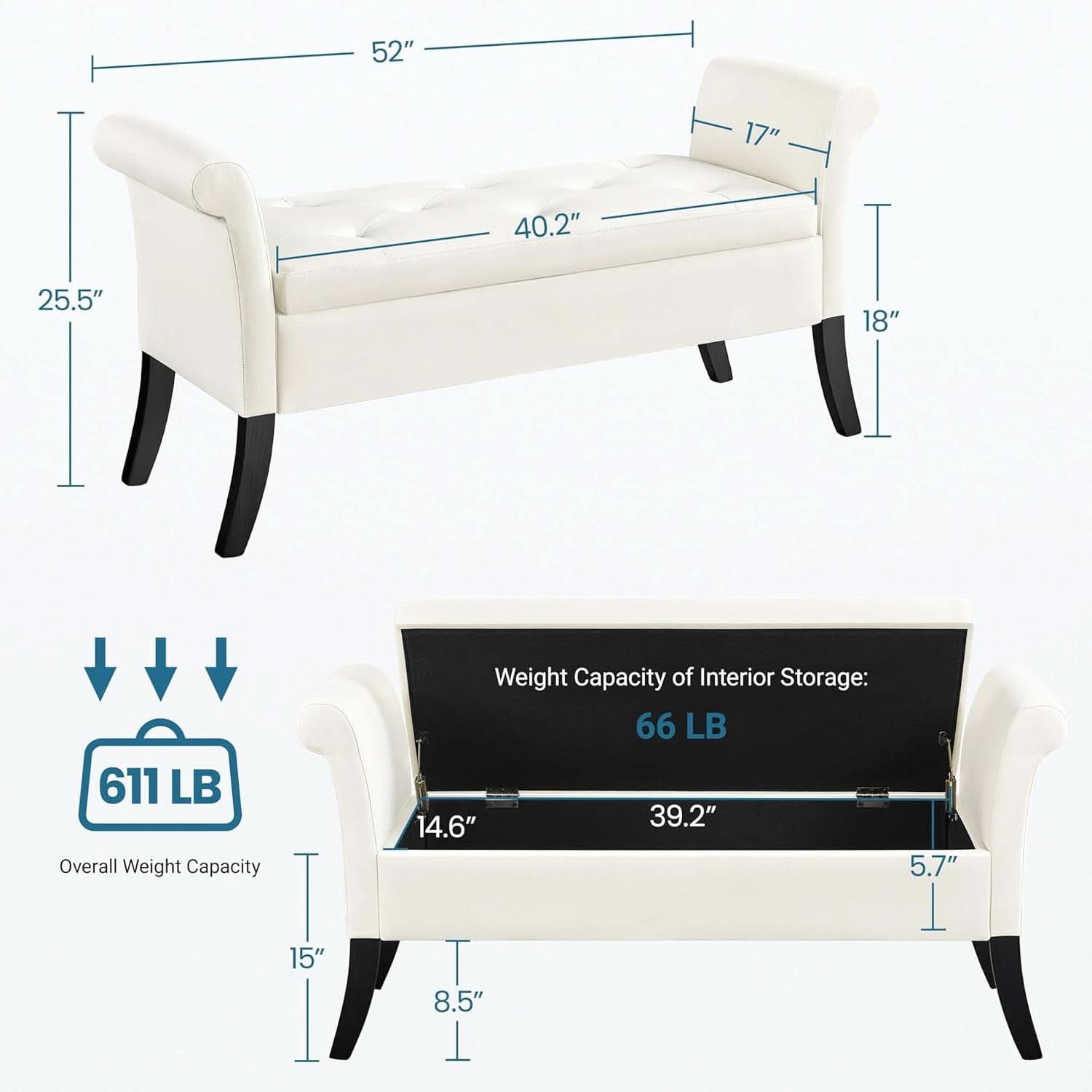 Fifty TwoInches Durable White Upholstered Storage Ottoman Bench