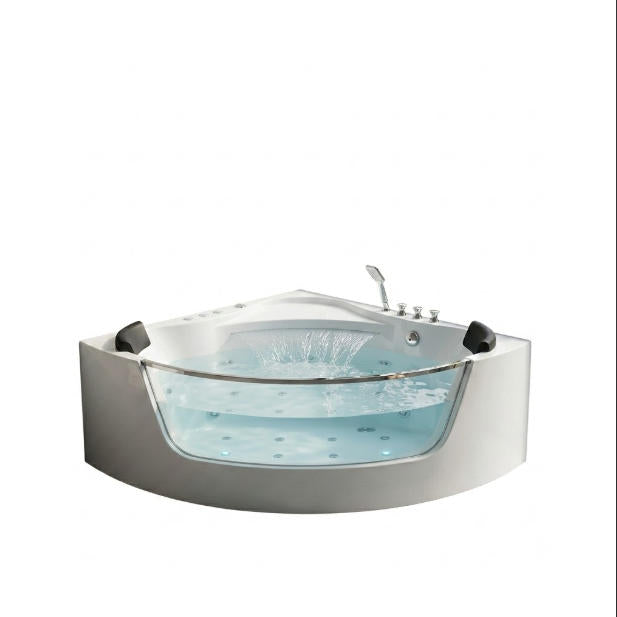 59" Corner Whirlpool Bathtub with Hydro Massage Jets - White Acrylic