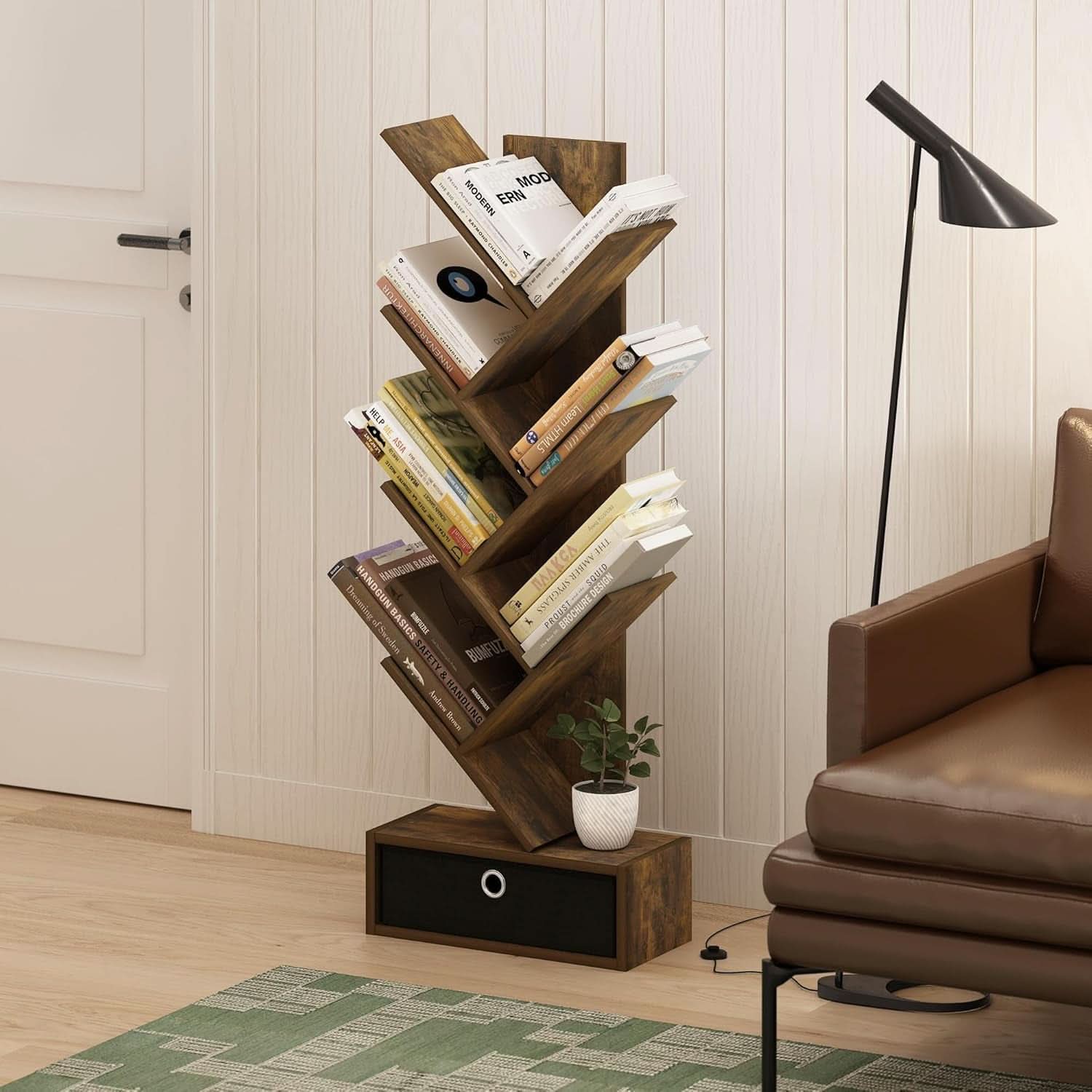 Tree Bookshelf 7 Tier Floor Standing Bookcase Amber Pine Black